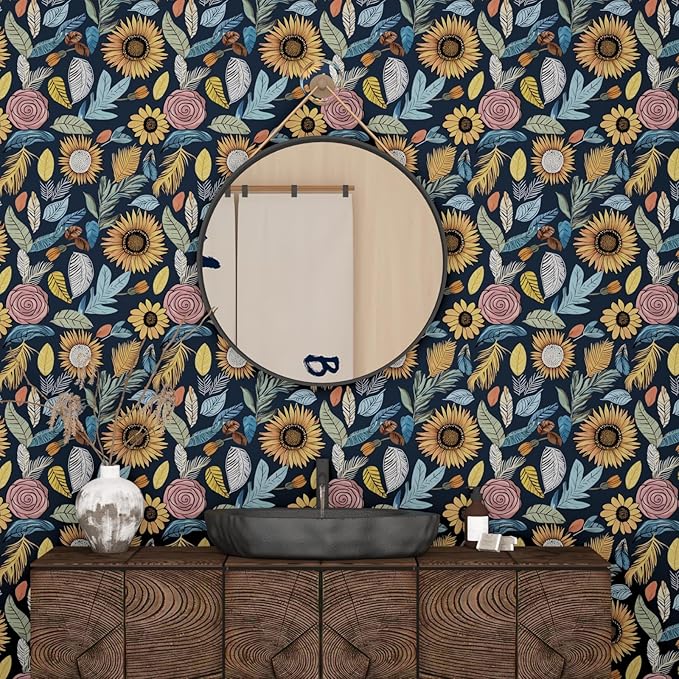 Blue Boho Wallpaper Peel and Stick,Vintage Floral Contact Paper 17.5" x 118", Retro Paisley Flower Botanical Wall Paper Self Adhesive Removable Waterproof for Bathroom Shelves Cabinet Table Decoration