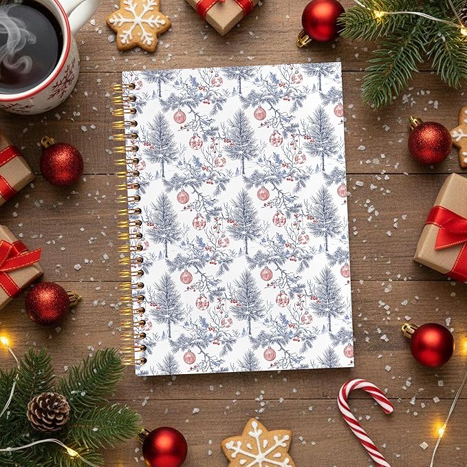 VIIJJUE Chinoiserie Christmas Ball Tree Notebook Journal, Vintage French Country Toile de Jouy Journal, Xmas Red Holiday Hardcover Spiral Notebooks, 5.5x8.3 Inch-01