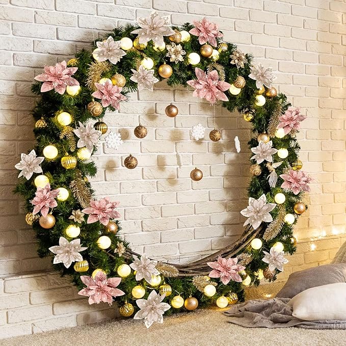 Geosar 24 Christmas Glitter Artificial Poinsettia Flowers Xmas Poinsettia Wedding Flowers Decorations Xmas Tree Ornaments with Clips for Party Favors, 6 Inch, 4 Inch, 3 Inch(Gold and Rose Gold)