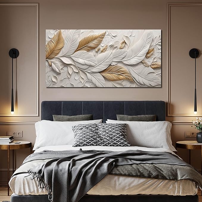Feather Canvas Wall Art for Bedroom - White and Gold Pictures for Living Room - Modern Art Wall Decor for Office Size 29" x 59"