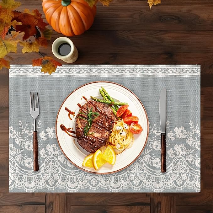 Lace Flower Placemats Set of 6,Washable Heat Resistant 12×18 Inch Linen Table Mats White Gray Place Mats for Party Outdoor Dining Décor