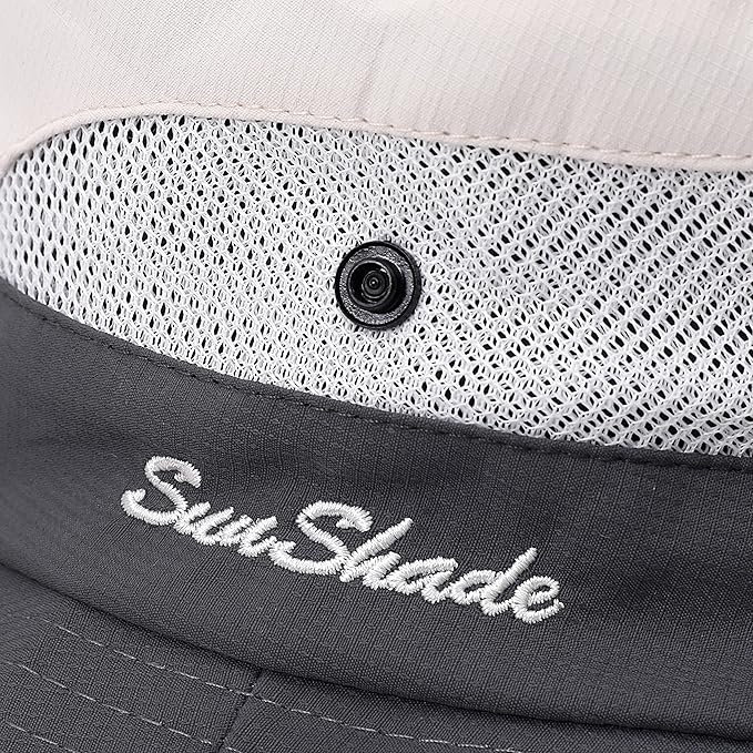 Womens Summer Sun Hat Beach Hat Wide Brim Outdoor UV Protection Hat Foldable Cool Mesh Ponytail Bucket Hat