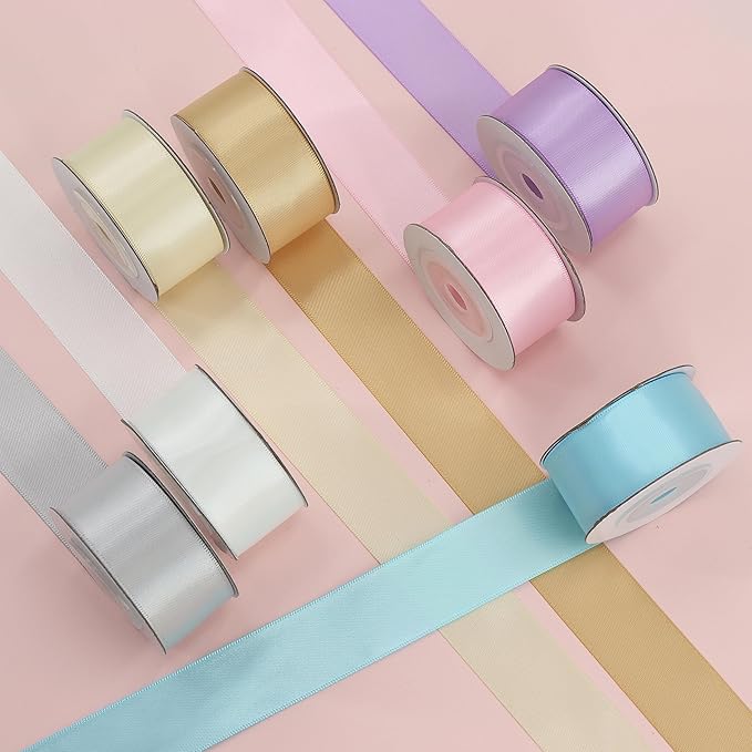 7 Colors Total 35 Yard Satin Ribbon Assortment - 1 Inch Wide 5 Yard/Roll Gentle Light Color Set Double Face Fabric Ribbon - Perfect for Gift Wrapping Crafts Party Wedding Birthday Decoratio