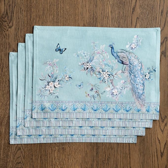 Maison d' Hermine Placemat 100% Combed Cotton Premium Set of 4 Decorative Washable Place Mats Table Cloth Placemat, Dining & Camping - Peacock Utopia - Pastel Turquoise(13"x19")