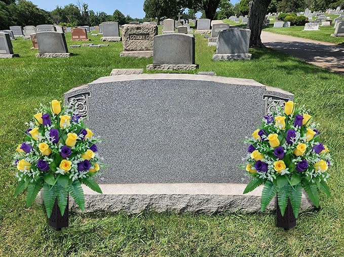 Artificial Cemetery Flowers, Gravesite Decoration Roses, Memorial Bouquets with Cemetery Vase, Vibrant and Long-Lasting Colors （ Yellow+Purple, 2 Bundles