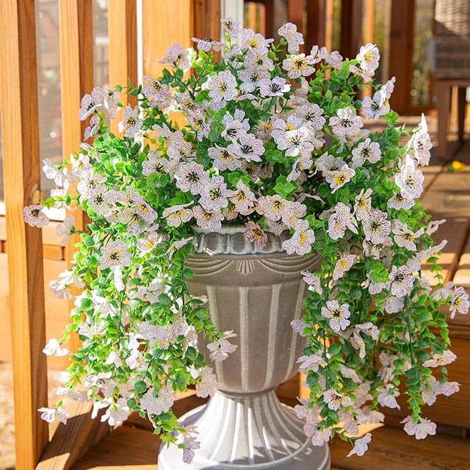 INSPRING Artificial Faux Outdoor Outside Flowers Plants, 2 PCS Fake Silk UV Resistant Look Real White Daisy Trailing Vines for Front Door Porch Planter Urn Patio Balcony Decoration