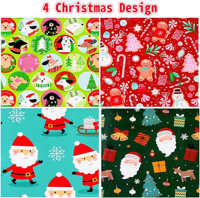 Cherubfunz Christmas Wrapping Paper (4 Rolls: 93 sq. ft. ttl) Santa Claus Carrying Gifts, Candy Cane, Reindeer, Tree/Bell, Dogs Pattern- Christmas Elements Collection - 17 inches x 16.5 feet Per Roll