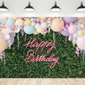 Riyidecor Green Leaves Happy Birthday Backdrop Polyester Fabric for Women Girls Neon Balloons Flower Wall Spring 7Wx5H Feet Rustic Plant Botanical Photography Background Birthday Photo Studio Shoot