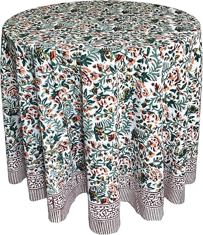 ATOSII Ambrosia Green 100% Cotton Round Tablecloth, Handblock Print Floral Table Cloth for Kitchen Dining Linen I Weddings, Outdoors, Thanksgiving, Christmas I Fall Home Decor I 90" Inches Round
