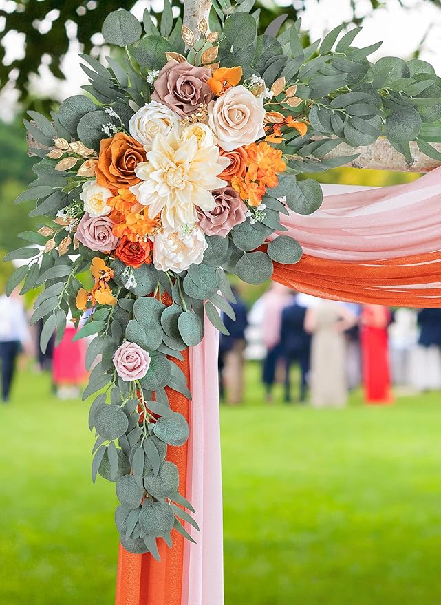 ponatia Artificial Burnt Orange Wedding Arch Flowers Kit with 2PCS Shiny Arch Chiffon Fabric, Dusty Rose Flowers for Wedding Welcome Signs Decorations and Arch Flowers for Wedding Ceremony Reception