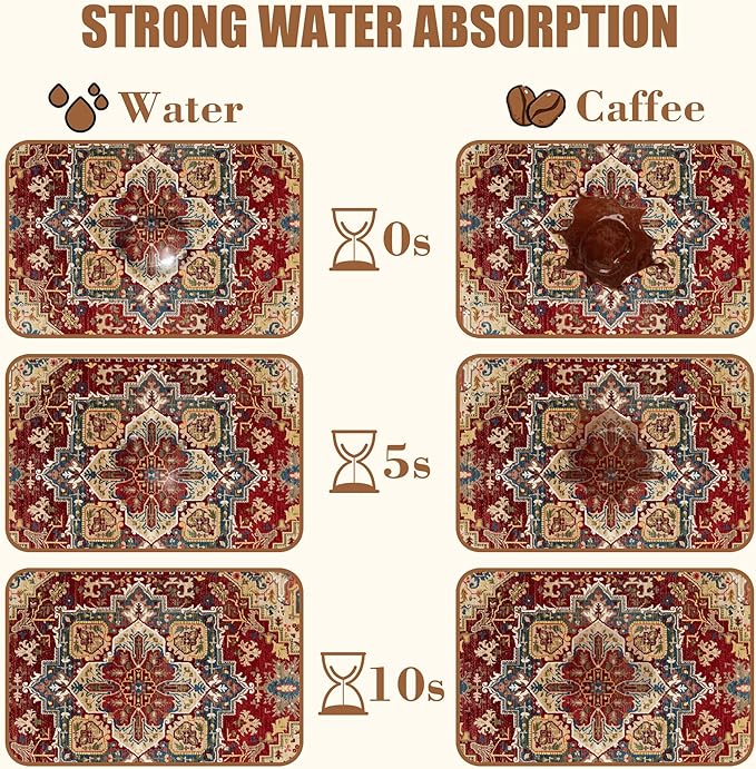 Boho Dish Drying Mat Persian Tribal Coffee Bar Mat for Countertop Absorbent Rubber Backed Hide Stain Dish Drainer Rack Pad Espresso Machine Coffee Pot Dining Room Decoration 15.7 x 23.6 Inch