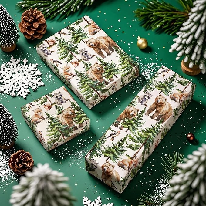 WRAPAHOLIC 30 Inch Kraft Christmas Wrapping Paper - 30 Inch x 33 Feet - White Wild Animal Winterfall Watercolor and Christmas Tree Wrapping Paper Perfect for Holiday, Party