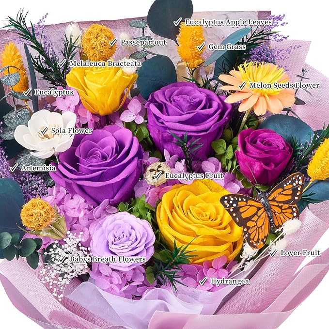 Flowers for Delivery Prime Forever Flowers Preserved Roses Bouquets Purple Flower Birthday Gifts for Women Valentine's Day Mothers Day Graduation