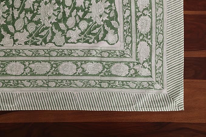 ATOSII Meraki Green 100% Cotton Fall Tablecloth, Handblock Print Rectangle Table Cover for Kitchen Dining Linen I Parties, Thanksgiving, Christmas, Wedding, Table Cloth I 72 X 120 Inches I 10 Seater