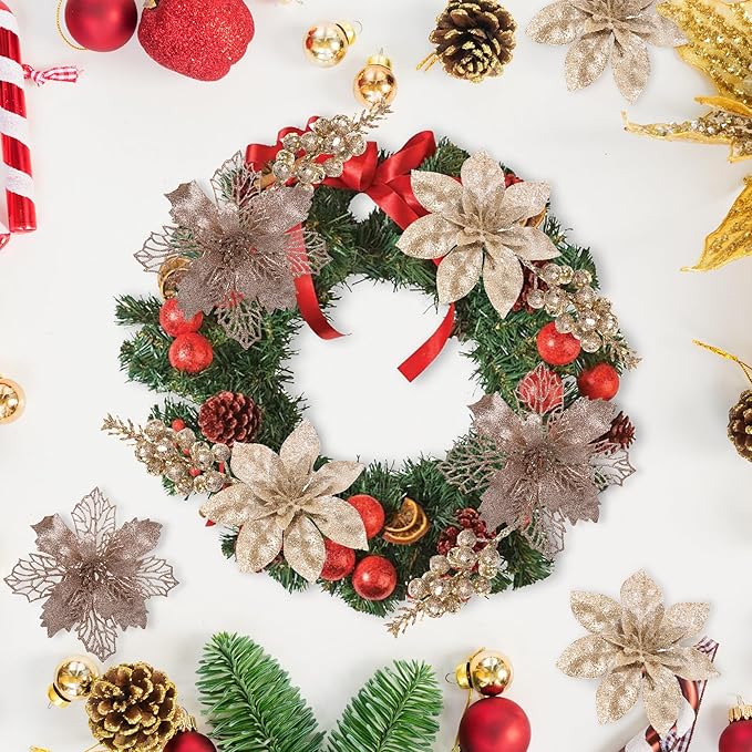 24Pcs Champagne Glitter Poinsettia Christmas Tree Ornaments and Glitter Berries Stems, 16Pcs Christmas Artificial Flowers and 8 Pack Christmas Tree Picks for Wedding Holiday Decorations