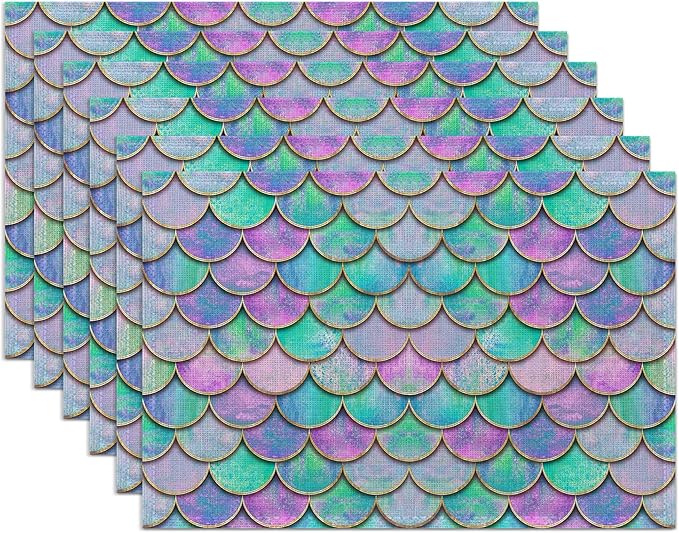 Mermaid Purple Placemats Set of 6,Washable Heat Resistant 12×18 Inch Linen Table Mats Fish Scales Place Mats for Party Outdoor Dining Décor