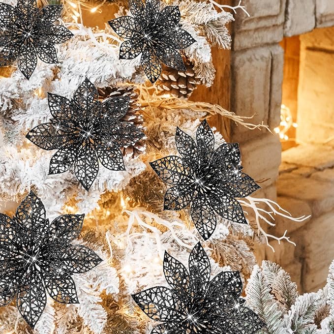 Boao Black 24 Pieces Poinsettia Flower Christmas Glitter Artificial Poinsettia with Clips Christmas Tree Ornament Decorations for DIY Xmas Wreath Holiday Home Party Decor, 3/4/6 Inches