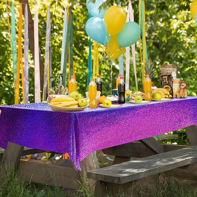 4 pcs Purple Holographic Laser Tablecloths Iridescence Shiny Table Covers 40" x 108" Foil Disposable Rectangle Table cloths for Halloween Bachelorette Birthday Party Wedding Anniversary Decor