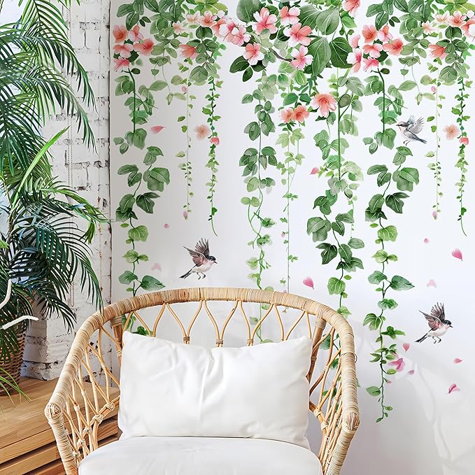 4 Sheets Green Plants Flower Wall Decals Hanging Vine Green Leaves Wall Stickers Watercolor Pink Flowers Wall Art Nature Removable Peel and Stick Wallpaper for Kids Bedroom Nursery Home Decoration 21
