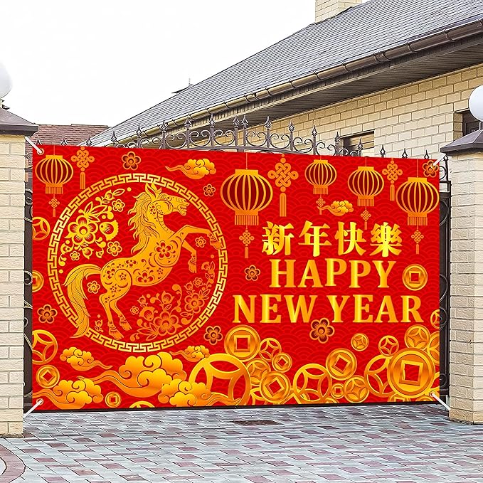 Chinese New Year Party Backdrop Happy 2026 Chinese New Year Party Background Decorations Lunar Year of The Horse Theme Photography Backdrop for 2026 Spring Festival Party Supplies