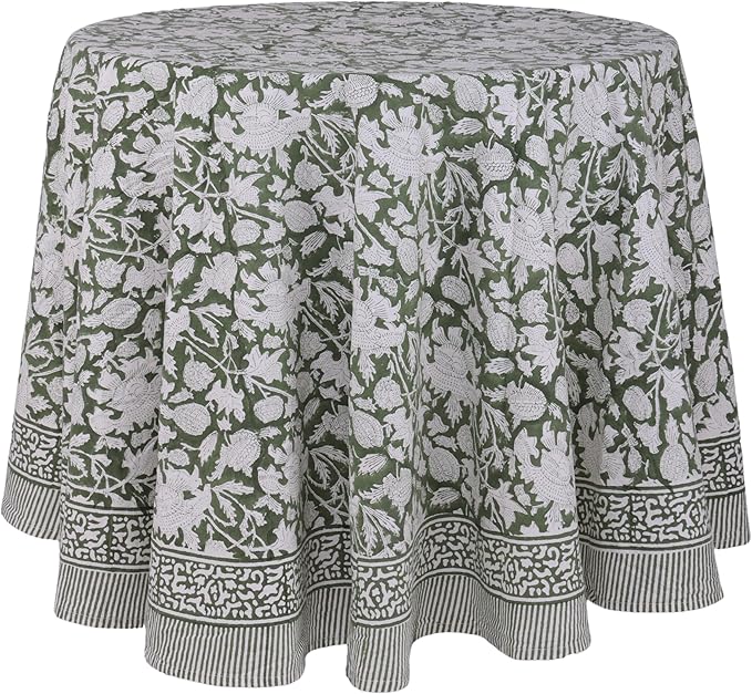 ATOSII Meraki Green 100% Cotton Round Spring Tablecloth, Handblock Print Floral Table Cloth for Kitchen Dining Linen I Parties, Weddings, Outdoors, Christmas, Easter Home Decor 90" Inches Round