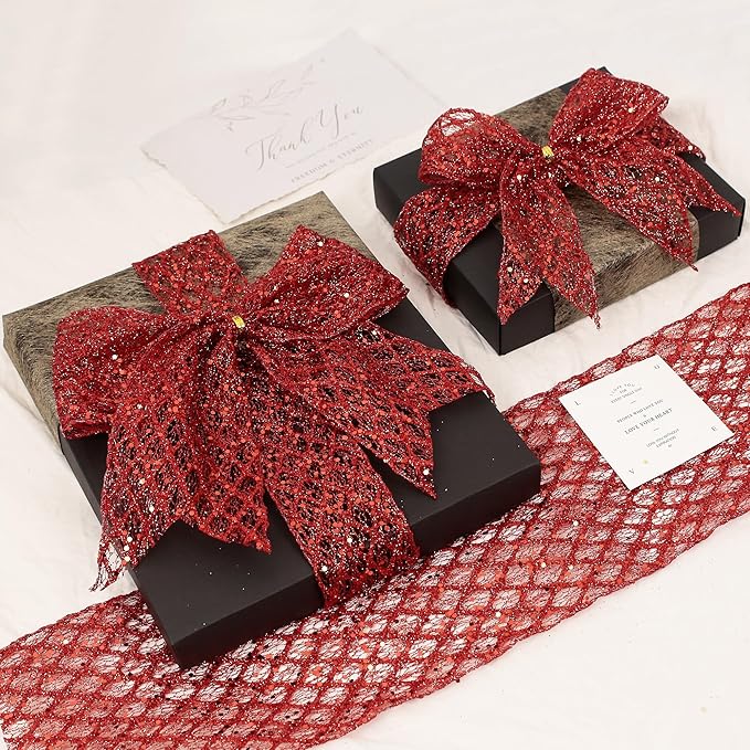 VATIN 2-1/2" Red Christmas Ribbon, Red Glitter Mesh Diamond Web Sequin Dots Wired Christmas Ribbon for Gift Wrapping Bow Making Wreath Supply-10 Yards