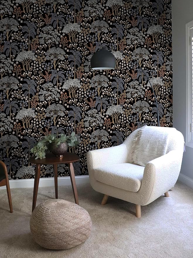 Guvana 197"x16.14" Forest Wallpaper Black Peel and Stick Wallpaper Leaf Contact Paper Floral Self Adhesive Wall Paper for Living Room Cabinets Decorative