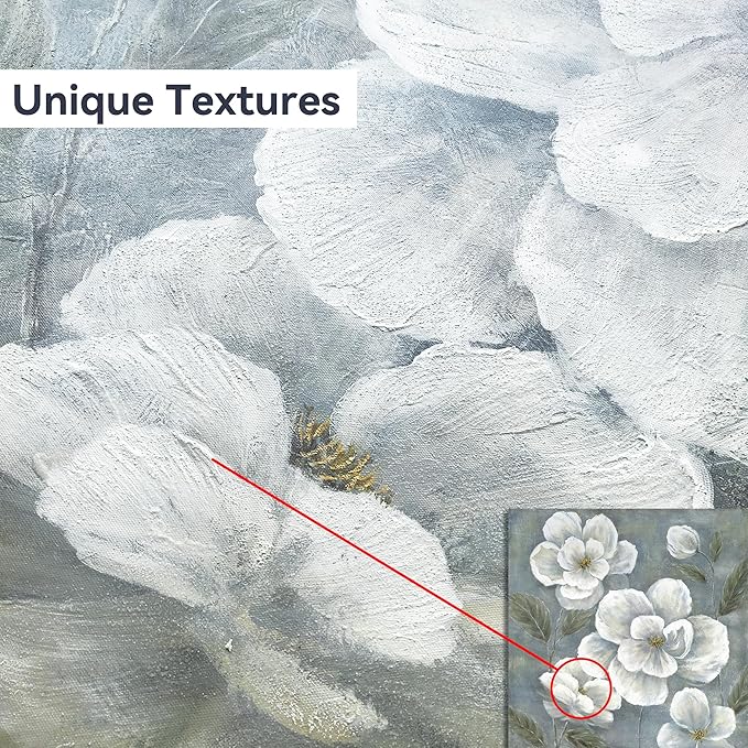 Floral Framed Canvas Wall Art - Vintage Blooming Gray Flowers Painting Abstract White Botanical Picture Modern Prints Artwork for Living Room