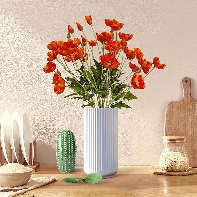 ATFL Orange and Red Poppy Flowers Artificial,12 Pcs Silk Fake Poppy Flowers,Faux Poppies Bulk for Home Decor Table Centerpieces Floral Arrangement,Poppies Bouquet for Wedding (23.5‘’, Orange-red)