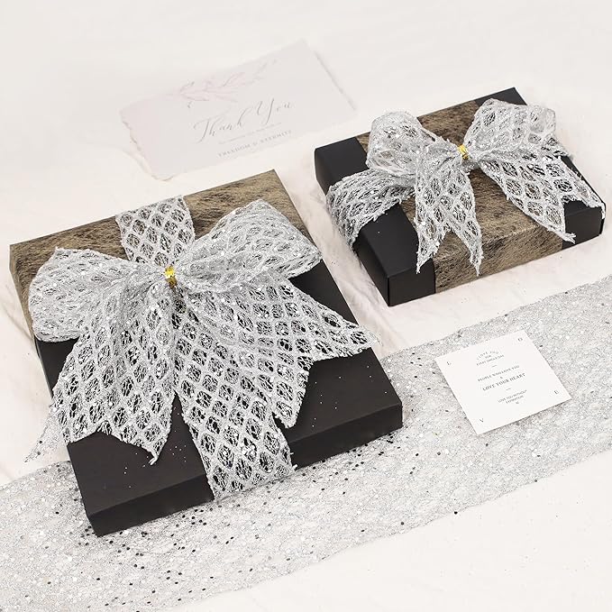 VATIN 2-1/2" Silver Christmas Ribbon, Silver Glitter Mesh Diamond Web Sequin Dots Wired Christmas Ribbon for Gift Wrapping Bow Making Wreath Supply-10 Yards