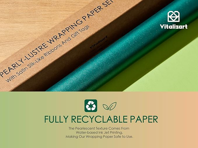 Vitalizart Green Wrapping Paper Set 17" Pearly-Lustre With Silk Like Satin Ribbon & Gift Tags Recyclable Christmas Gift Wrapping Birthday Baby Shower Wedding Handmade Crafts 197"(16.4 Ft)