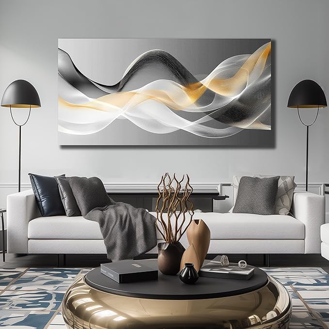 JuhaiArt Abstract Wall Art White Wall Decor for Living Room Office Large Black Canvas Art Picture Gold Artwork 29" x 59" Modern Prints