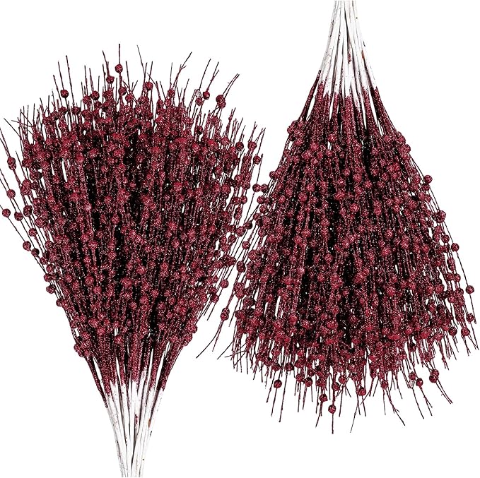 Geosar 30 Pcs Christmas Artificial Glitter Berry Stem Decorations 17 Inch Faux Stick Floral Pick Centerpiece Bouquet Flower Bead Twigs for Centerpiece Tree Wreath Xmas Ornaments Home(Burgundy)