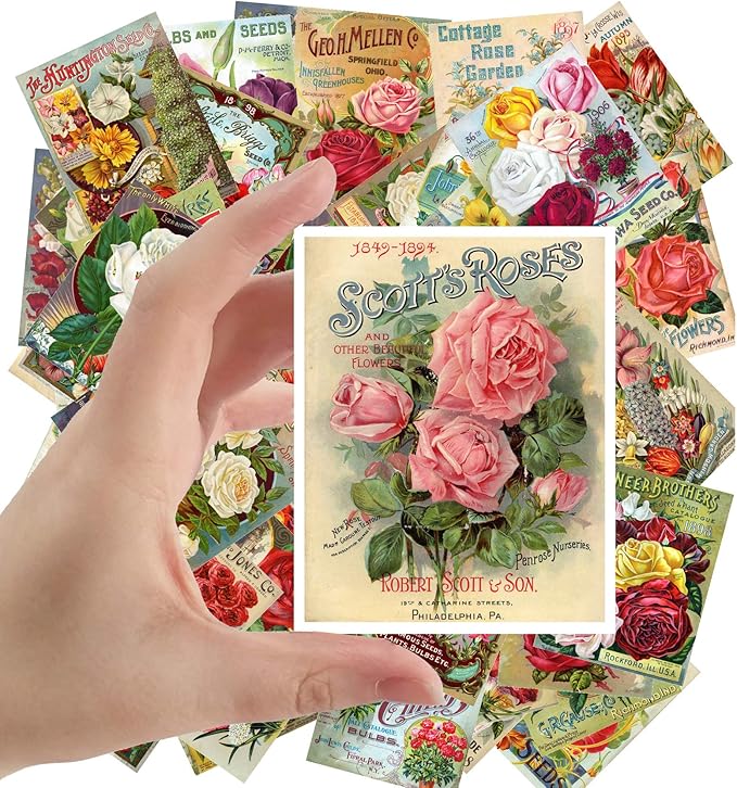 Large Stickers (24 pcs 2.5"x3.5") Flowers Vintage Seed Pockets Gardens and Roses