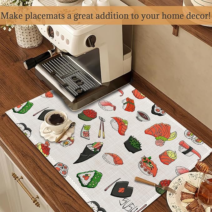 Japaness Sushi Cute Placemats Set of 6 Washable Table Mats for Kitchen Dining Table,Heat-Resistant Place Mats for Indoor Outdoor Party Holiday Decoration