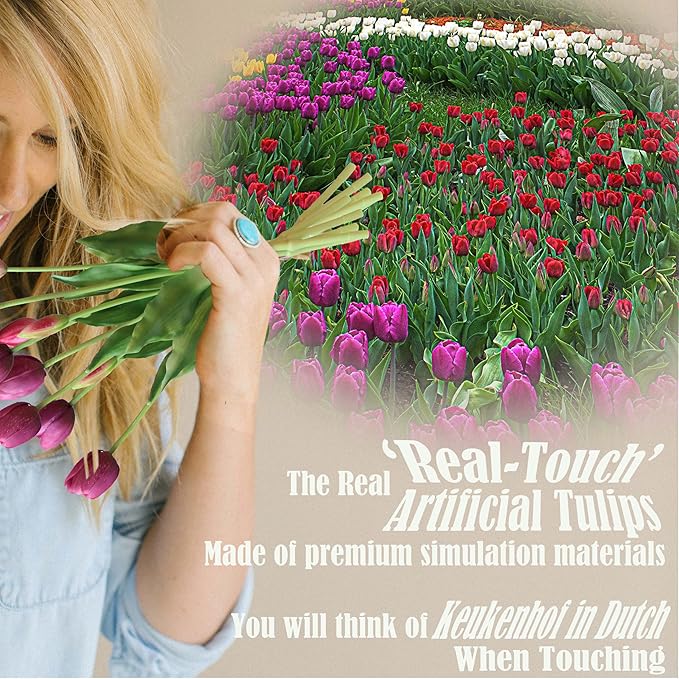 20pcs Artificial Tulip Flowers,16 Inch Real Touch Tulip Stems with Faux Leaves, Faux Tulips and Buds for Home Décor Centerpiece Ornament Wedding Bouquet,Deep Purple