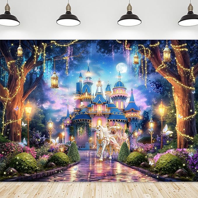 Riyidecor Princess Castle Backdrop Polyester Fabric Garden Floral Vines Trees Lights Starry Night Scenery 7Wx5H Feet Wonderland Photography Background Bridal Shower Wedding Birthday Photo Studio Shoot