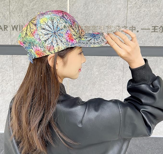Bling Baseball Caps for Women, Rhinestone Summer Flower Baseball Hat, Adjustable Spring Fall Denim Sequin Jean Hat