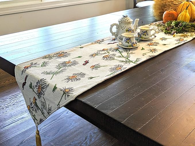 Tache 13 x 54 Floral Table Runner Yellow Daisies Ladybugs Ivory Woven - Vintage Tapestry Farmhouse Kitchen Dining Dinner Linens Cloth Small Coffee Table Runner
