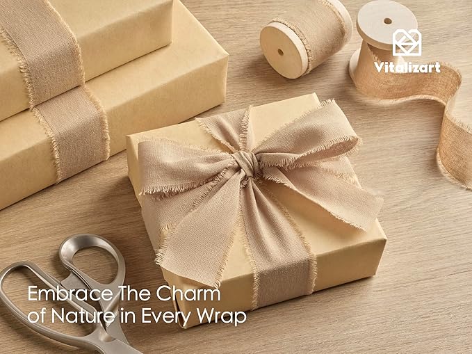 Vitalizart Nude Ribbon 1-1/2" x 15 Yd 100% Cotton Handmade Frayed Fringe Fabric Ribbons for Gift Wrapping Wedding Invites Bridal Shower Bouquets Christmas Decorations