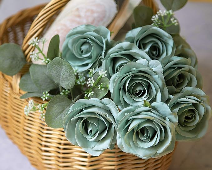 DuHouse 10pcs Fake Roses Artificial Silk Flowers Faux Rose Flower Long Stems Bouquet for Arrangement Wedding Centerpiece Party Home Kitchen Decoration(Dark Teal)