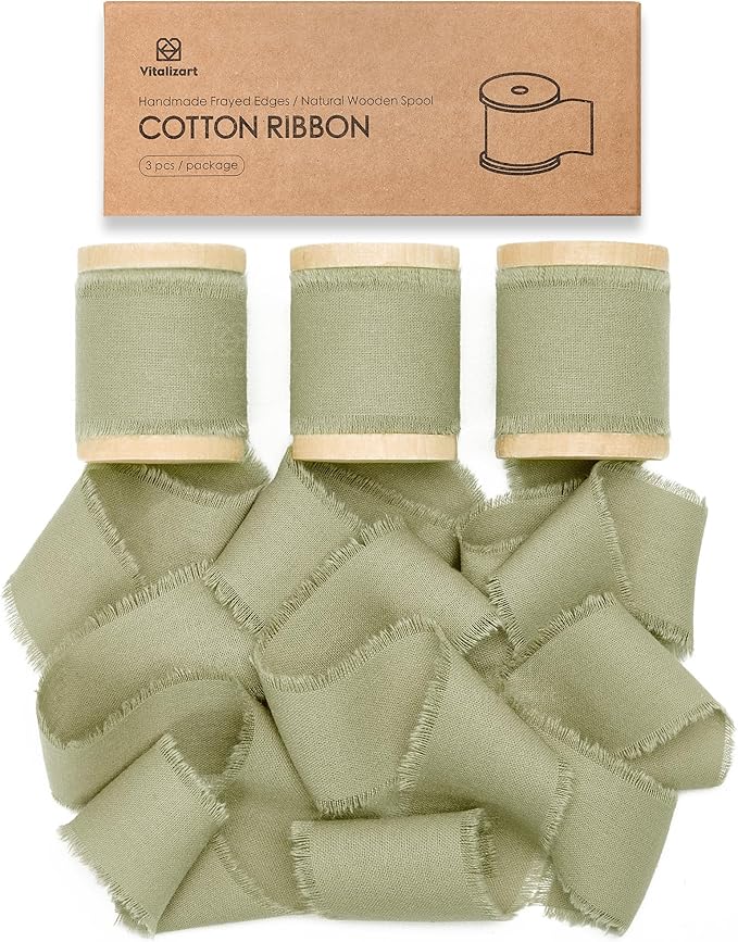 Vitalizart Sage Green Ribbon 1-1/2" x 15 Yd 100% Cotton Handmade Frayed Fringe Fabric Ribbons for Gift Wrapping Wedding Invites Bridal Shower Bouquets Christmas Decorations