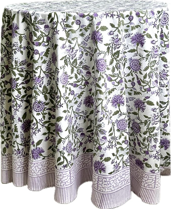 ATOSII Mahoka 100% Cotton Round Spring Summer Tablecloth, Block Print Floral Table Cloth for Kitchen Dining Linen I Parties, Weddings, OutdoorsI 72" Inches Round, 4 Seater