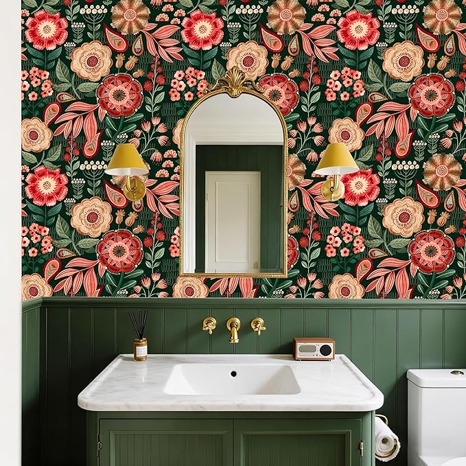 HAOKHOME Peel and Stick Wallpaper Boho Vintage Dark Floral Wall Paper Cottagecore for Bedroom Bathroom Accent Wall Green/Red/Cream 17.3in x 9.8ft