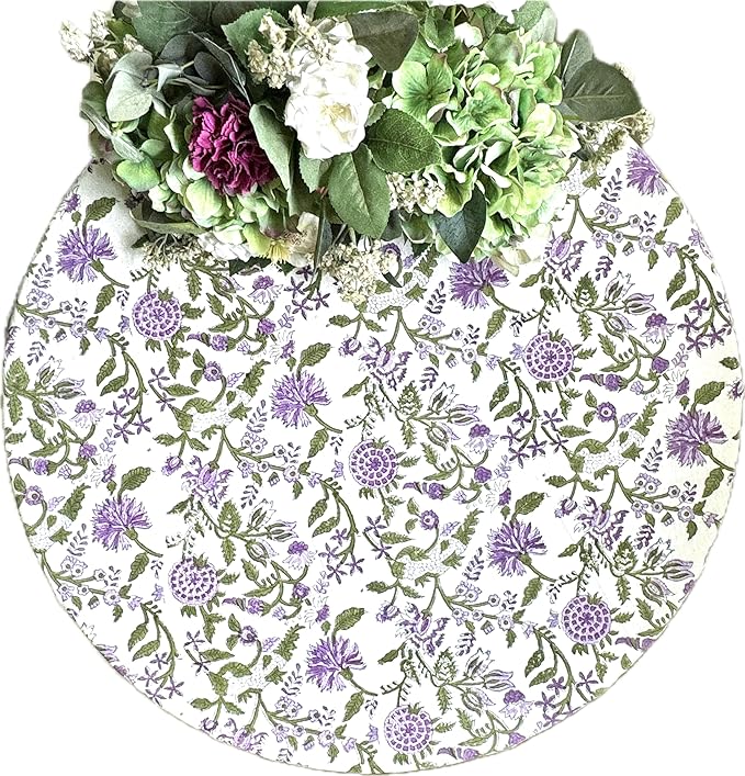 ATOSII Mahoka 100% Cotton Round Spring Summer Tablecloth, Block Print Floral Table Cloth for Kitchen Dining Linen I Parties, Weddings, OutdoorsI 72" Inches Round, 4 Seater