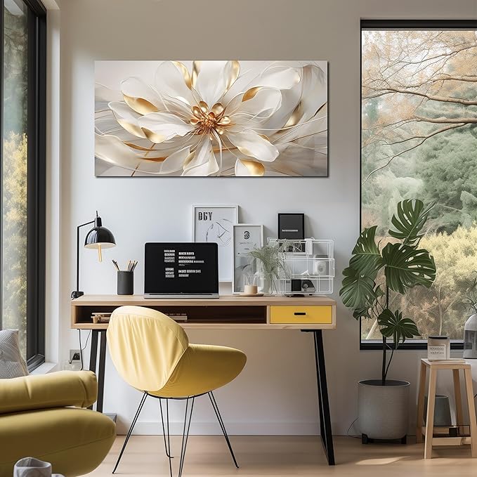 Fowers Wall Art for Bedroom Women White and Gold Wall Decor for Living Room Floral Art Print Wall Decoration 20 x 40 Inch