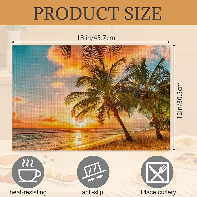 Summer Palm Beach Placemats Set of 6,Washable Heat Resistant 12×18 Inch Linen Table Mats Tropical Place Mats for Party Outdoor Dining Décor
