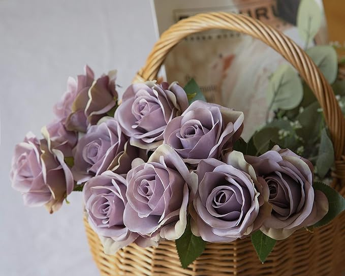 DuHouse 10pcs Fake Roses Artificial Silk Flowers Faux Rose Flower Long Stems Bouquet for Arrangement Wedding Centerpiece Party Home Kitchen Decor (Fall Purple)
