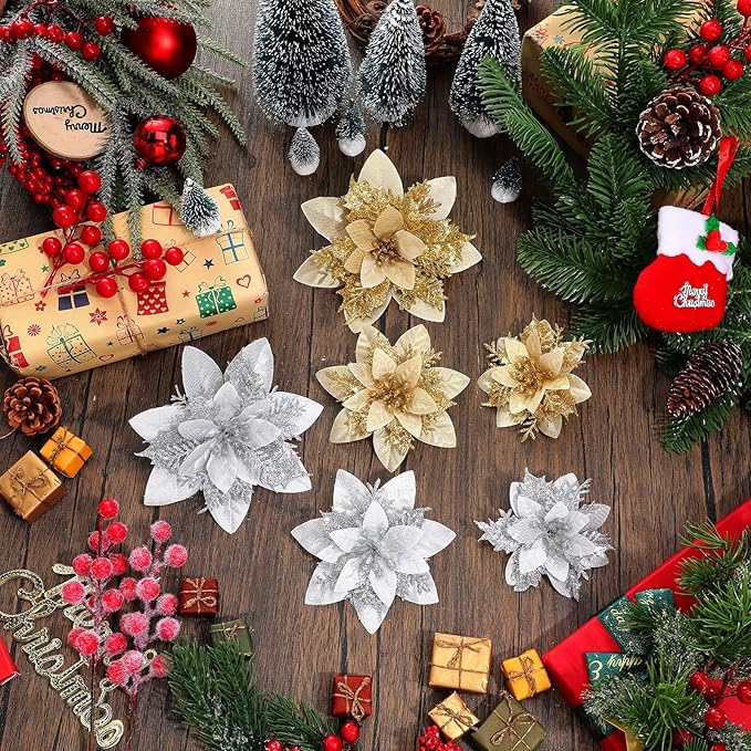Geosar 24 Christmas Glitter Artificial Poinsettia Flowers Xmas Poinsettia Wedding Flowers Decorations Xmas Tree Ornaments with Clips for Party Favors, 6 Inch, 4 Inch, 3 Inch(Gold and Sliver)