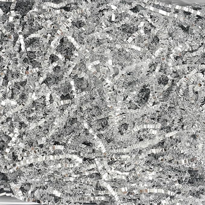 Uptotop 1/2 LB Crinkle Cut Paper Shred Filler for Gift Wrapping Basket Filling, Birthday, Christmas, Thanksgiving, Wedding, Mother's Day, Glitter Silver